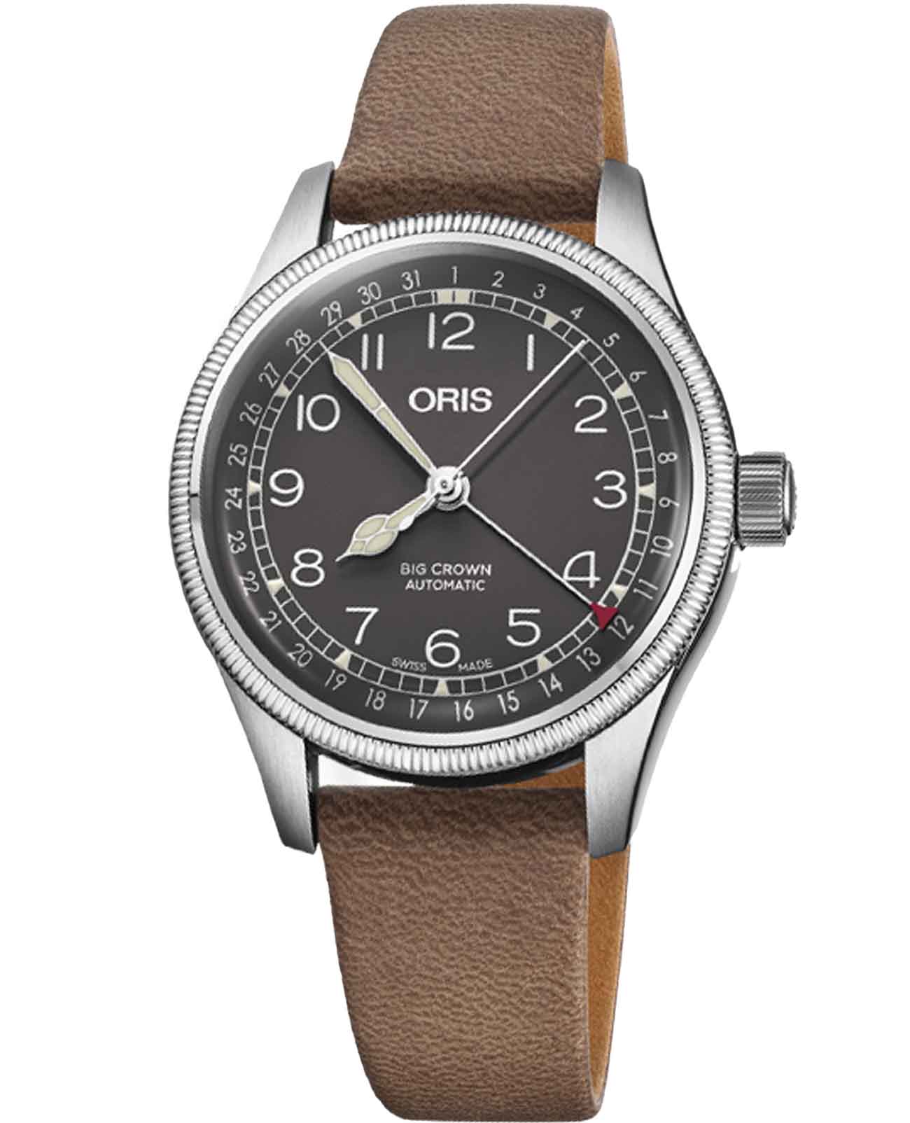 Oris Oris Big Crown Pointer Date 01 754 7749 4064-07 5 17 68G  01 754 7749 4064-07 5 17 68G механические мужские часы черный циферблат, браслет кожаный — вид спереди